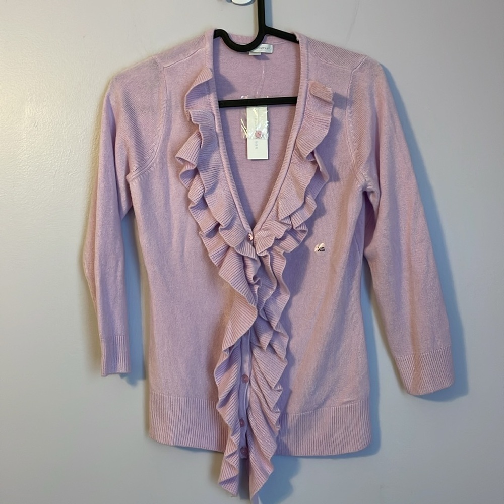 New York & Co Pink Lavender Ruffle Button Front 3/4 Sleeve Cardigan Sweater Xs